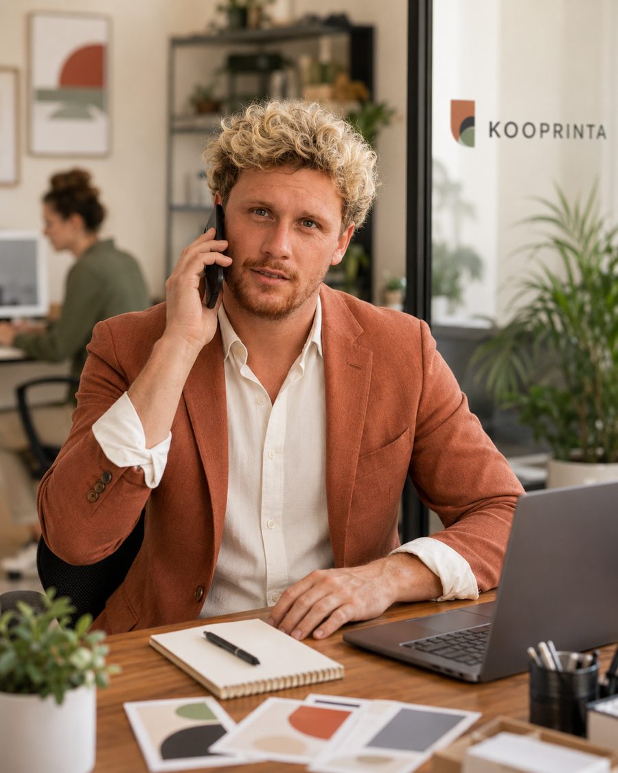 Dylan Belin au telephone avec un client, dossier ouvert