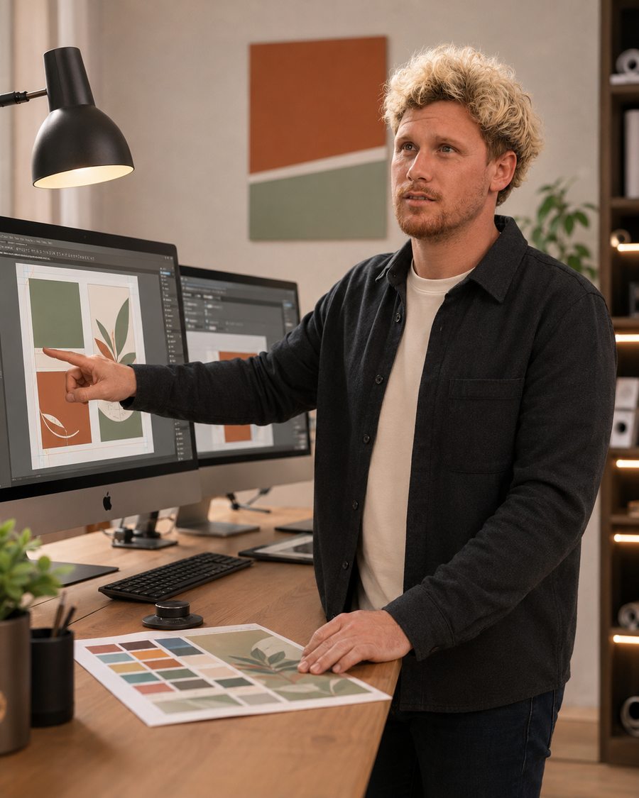 Verification d'une maquette a l'ecran avec une charte de couleurs sur le bureau