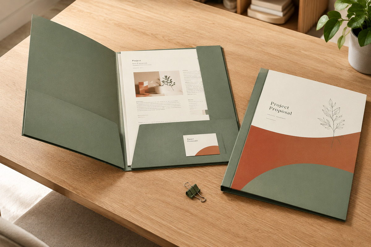 Chemise à rabats imprimée ouverte de trois-quarts, documents A4 insérés, avec encart du gabarit à plat et lignes de rainage