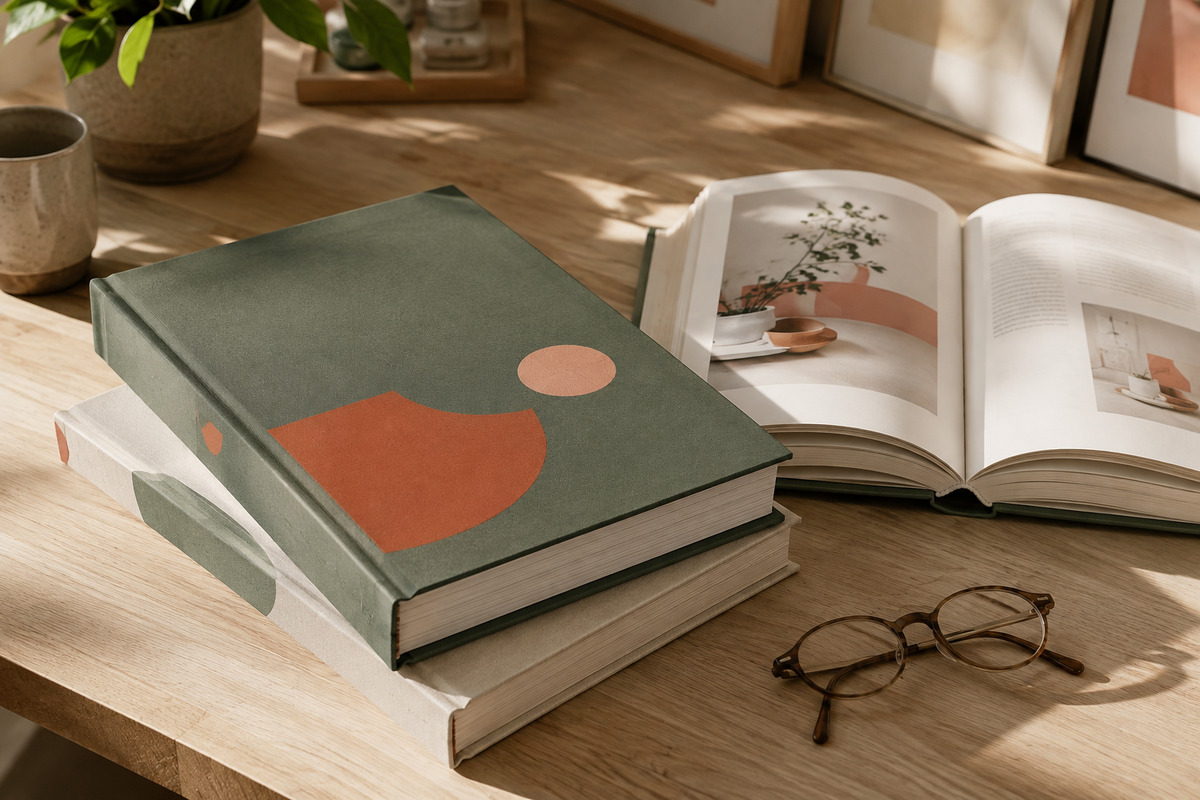Livre à couverture rigide debout légèrement ouvert montrant son dos et l'épaisseur des plats, à côté d'un livre couché à couverture bleue