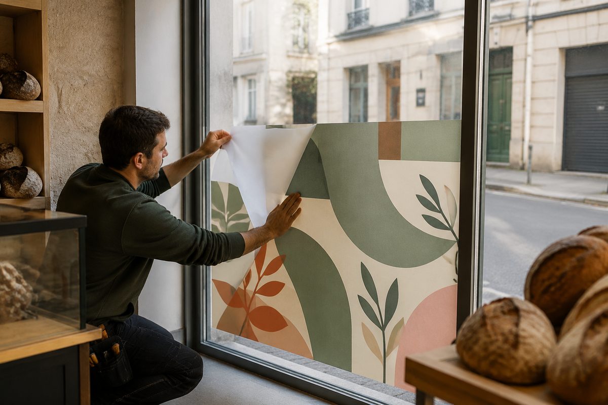 Adhésif vitrophanie collé à l'intérieur d'une vitrine, imprimé par KOOPRINTA