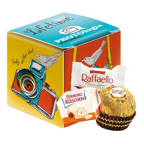 Mini cubes Ferrero personnalisés avec emballage imprimé en quadrichromie par KOOPRINTA