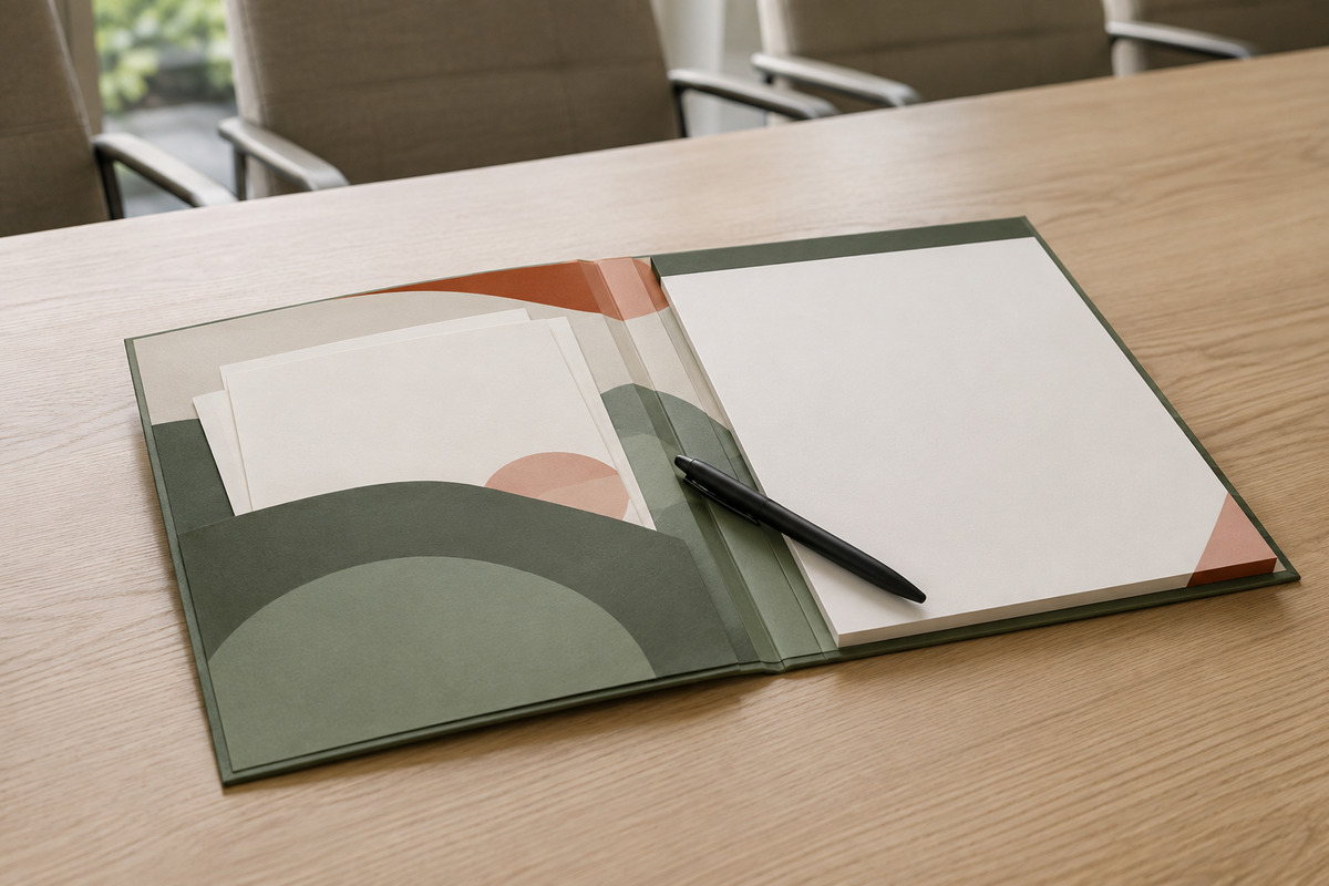Brochure feuilletée en situation de présentation