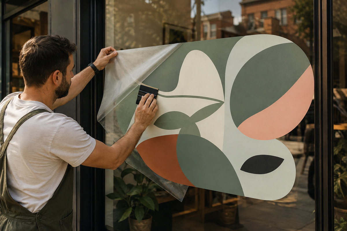 Film adhésif imprimé posé sur une vitrine · effet dépoli et visuel publicitaire