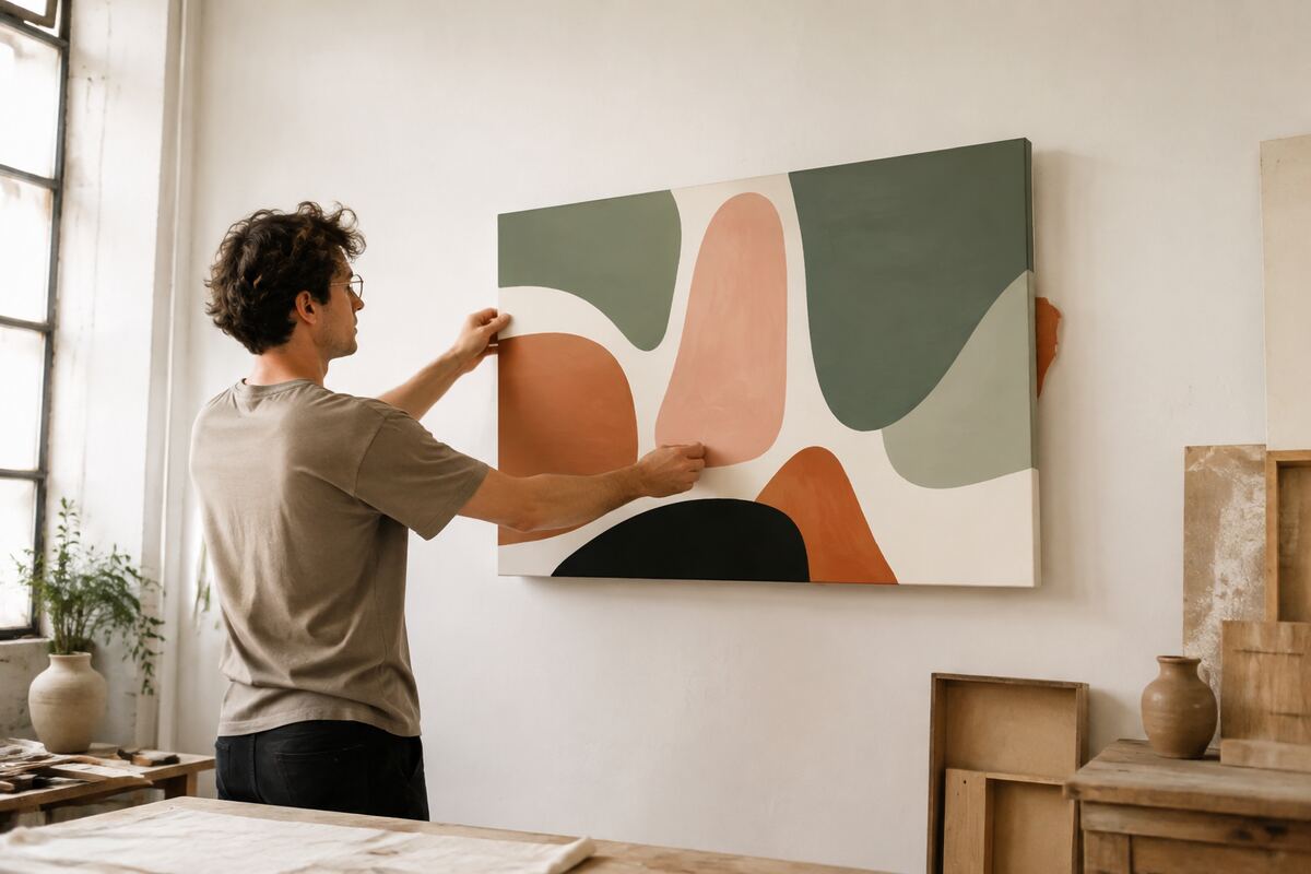 Toile imprimée tendue sur châssis vue de trois-quarts accrochée au mur, avec détail du coin arrière et des clés de tension